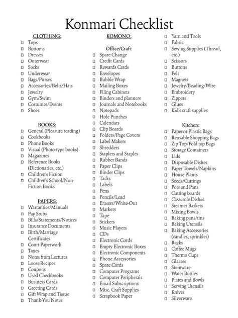 Konmari checklist. Simplicity living. Doing more with less. Marie Kondo. Minimalist House List, Konmari Method Checklist, Konmari Aesthetic, Marie Kondo List, Mari Kondo Organizing, Marie Kondo Aesthetic, Marie Kondo Drawer Organizer, Marie Kondo Closet Organization, Marie Kondo Checklist