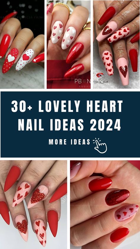 30+ Lovely Heart Nail Ideas 2024 Heart Nail Ideas, Valentine Nail Ideas, Valentine Nail, Heart Nail Designs, Heart Nail Art, Heart Nail, Long Nail Designs, Nail Designs Valentines, Polka Dot Nails