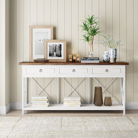 Gracie Oaks Tatianah 70.86'' Console Table & Reviews - Wayfair Canada White Entryway Table, Farmhouse Entryway Table, Entryway Table With Storage, White Console Table, Farmhouse Console Table, 3 Drawer Storage, Entrance Ideas, Farmhouse Entryway, Narrow Console Table