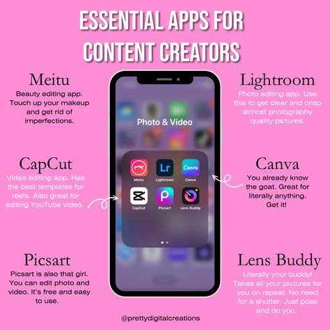 You really can’t go wrong with any of these apps. #contentcreator #editingapps #influencer App For Youtubers, Apps For Influencers, Apps For Youtube Editing, Beginner Content Creator, Content Creator Apps, Influencer Apps, Influencer Essentials, Beauty Influencer Aesthetic, Editing Apps For Youtube