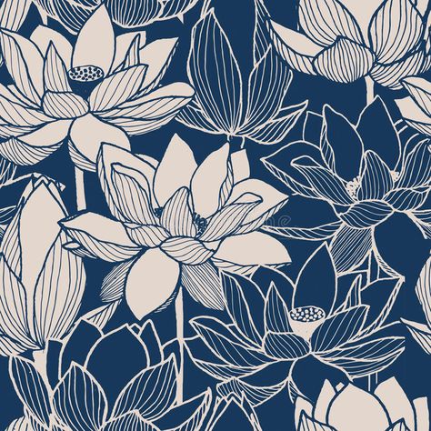 Vector Patterns Design, Lotus Art, Posca Art, Print Design Art, Japon Illustration, Lotus Design, Lotus Flowers, Hand Drawn Pattern, Blue Hand