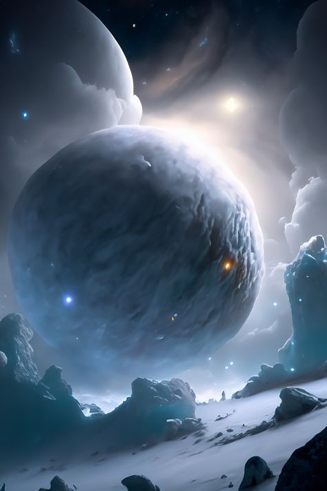 Snow Planet in Space at Night | Art Created by AI Snow Planet, Winter Town, Night Art, In Space, At Night, Planets, Universe, Created By, White