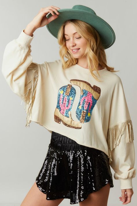 Rodeo Glam Sequined Crop Sweatshirt | Gypsy & James Boutique Sequin Cowboy Boots, Fringe Sweatshirt, Nashville Outfit, Sequined Sweatshirt, Boot Barn, Nashville Outfits, Sequin Rompers, Country Concert Outfit, Leather Western Boots