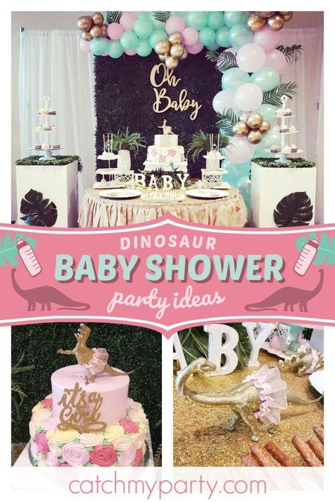 Swoon over this gorgeous dinosaur baby shower! The dessert table is amazing! See more party ideas and share yours at CatchMyParty.com #catchmyparty #partyideas #dinosaurparty #dinosaurbabyshower #babyshower #girlbabyshower Baby Girl Dinosaur Baby Shower Ideas, Girl Dinosaur Baby Shower Ideas, Dinosaur Baby Shower Ideas, Gender Neutral Party Themes, Space Dinosaur, Dinosaur Baby Shower Theme, Book Themed Party, Adult Party Themes, Girl Dinosaur