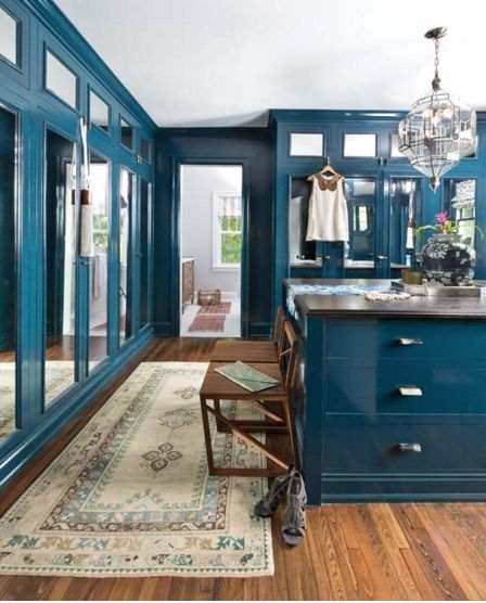 CLOTH & KIND // Detroit Home, Oct/Nov 2015 Teal Closet, Wardrobe Mirror, Blue Closet, Lacquered Walls, Smart Chic, Shoe Room, Built In Cabinet, She Did It, Closet Room