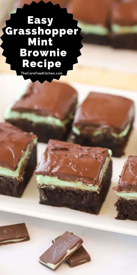 These fudgy Grasshopper Brownies are covered with creme de menthe frosting and topped with rich chocolate ganache. They only take a few extra steps to make and are always a hit. #thecarefreekitchen #brownies #grasshopper #andesmints #mintchocolate #mint #cremedementhe #bars #dessert Grasshopper Cupcakes, Grasshopper Brownies, Grasshopper Bars, Minty Desserts, Mint Brownies Recipe, Andes Mint Chocolate, Mint Frosting, Bars Dessert, Best Egg Salad Recipe