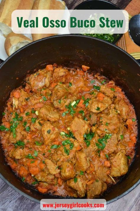 A pot of veal osso buco stew. Veal Chunks Recipe, Veal Stew Recipes Slow Cooker, Veal Stew Meat Recipes, Veal Stew Recipes, Veal Osso Bucco Recipe, Easy Veal Recipes, Stew Dinner, Veal Stew, Veal Recipes