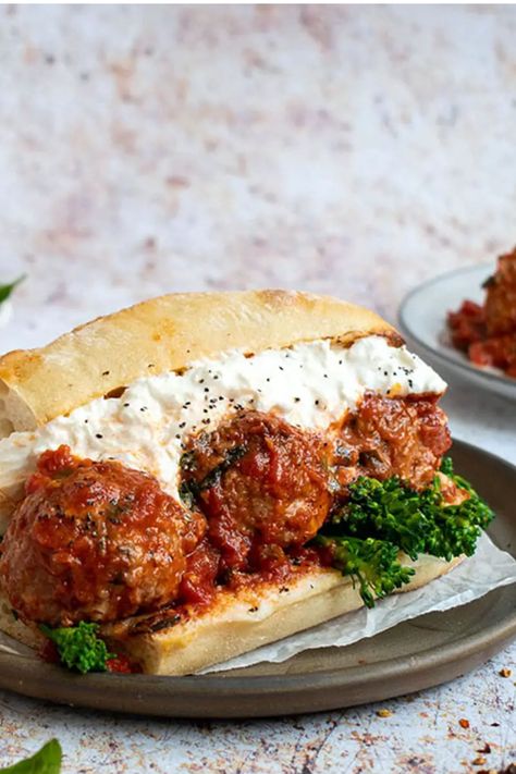 Handheld Recipes, Spicy Meatball, Burrata Recipe, Roasted Broccolini, Subway Sandwich, Spicy Meatballs, Meatball Sub, Meatball Sandwich, Dream Food