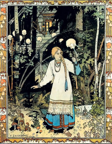 Bilibin was heavily influenced by trips arranged under the auspices of the Russian Museum in St. Petersburg. He traveled to the Vologda, Olonetsk and Arkhangelsk governorates in search of examples of Russian wooden architecture and ethnographic studies. Warwick Goble, Art Mini Toile, Ivan Bilibin, Halloween Arts, Edmund Dulac, Halloween Post, Arthur Rackham, Russian Folk Art, Fairytale Illustration