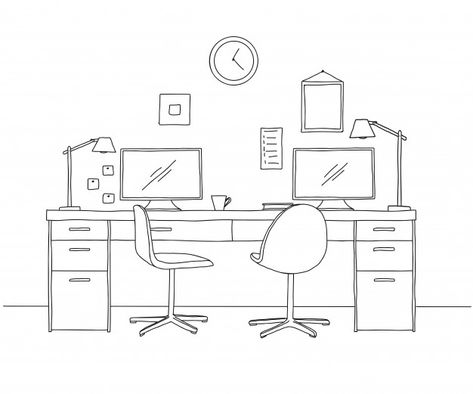 Sketch the room. office chair, desk, var... | Premium Vector #Freepik #vector #computer #line #office #table Desk Drawing Sketch, Study Table Drawing, Desk Sketch, School Computer Room, Room Desk Chair, Office Sketch, Computer Sketch, Pc Drawing, Desk Drawing