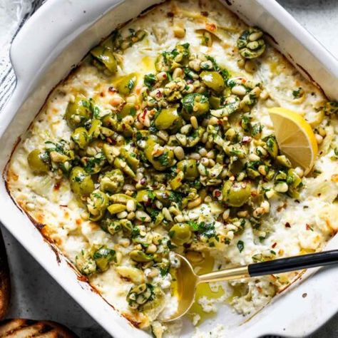 Baked Feta and Artichoke Dip with Olive Gremolata - Dishing Out Health Artichoke Pasta, Baked Feta, Party Dip, Feta Dip, Sandwich Spread, Artichoke Dip, Appetizer Dips, Artichoke, Appetizer Snacks