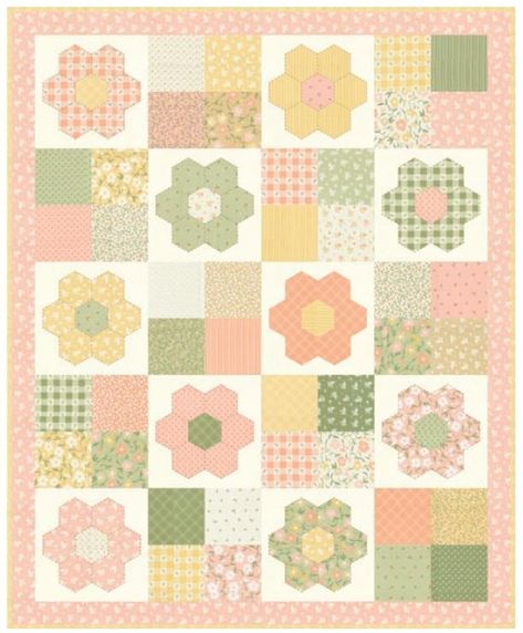 Hexi Hop Quilt Pattern and Quilt Kit ft. Flower Girl by My Sew Quilty Life! 40 1/2" x 49 1/2" finished. Hexie Flower Quilt, Hexi Flower Quilt, Pink And Yellow Quilt, Baby Girl Quilt Patterns, Cute Quilt Patterns, Hexagon Flower Quilt, Garden Quilt Pattern, Hop Flower, Charm Pack Quilt Patterns