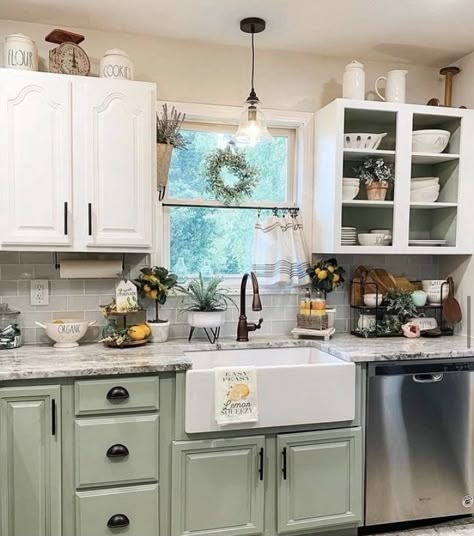 Green Kitchen Cabinets Mobile Home, Kitchen With Less Cabinets, Small Condo Yard Ideas, Sage Green Kit Hen Cabinets, Kitchen Colors Schemes For Small Kitchen, Green Kitchen Cabinets Tan Walls, Kitchen Colors Schemes Farmhouse, Sage Green Kitchen Ideas Farmhouse, Farmhouse Cabinet Colors Kitchen