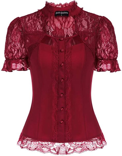 Scarlet Darkness Victorian Tops Short Lace Sleeve Shirts Stand Collar Blouse at Amazon Women’s Clothing store Lace Sleeve Shirt, Victorian Shirt, Retro Blouse, Stand Collar Blouse, Stand Collar Top, Victorian Blouse, Gothic Shirts, Lace Sleeve Top, Sheer Lace Top