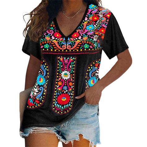 PRICES MAY VARY. Made from premium fabric, this short sleeve embroidered mexican tops for women is very soft and breathable, the lining is so friendly to your skin, super cozy to touch and extremely comfortable to wear for whole day. Featuring short sleeve, v neck and crewneck style to choose, floral embroidered, casual loose fit silhouette, this short sleeve floral mexican tshirts for women is so fashionable, the embroidered flower on the top is so exquisite and very eye-catching. This casual s Mexican Tops, Mexican Peasant Blouse, Fiesta Shirt, Embroidered Tops, Tee Shirts For Women, Peasant Shirt, Tops Short Sleeve, Crewneck Style, Ethnic Style