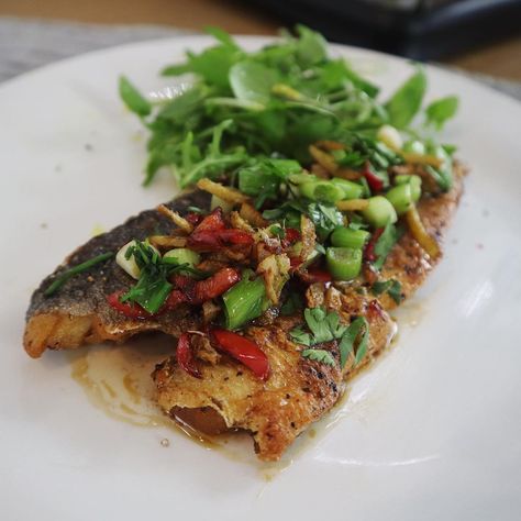 Pan-Fried Sea Bass with Crispy Chilli, Ginger, Garlic, Spring Onions, and a Sticky Soy Sauce. Chilean Seabass Airfryer, Thai Peppers, Sea Bass Recipes, Thai Sauce, Healthiest Seafood, Food Tech, Spring Onions, Fish Recipe, Sea Bass