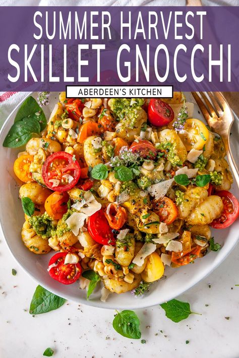 Got leftover corn from the grill? Or maybe a surplus of cherry tomatoes from the garden? Try this summer harvest skillet gnocchi recipe! Packed with fresh vegetables and herbs, this quick and easy potato pasta dish is bursting with summertime flavor. Plus, it only takes 30 minutes to make! From aberdeenskitchen.com #summer #harvest #skillet #gnocchi #italian #pasta #italian #vegetarian #stovetop #30minute #dinner #recipe Gnocchi Italian, Harvest Skillet, Skillet Gnocchi, Leftover Corn, Gnocchi Recipes Homemade, Asian Steak Bites, How To Cook Gnocchi, Gnocchi Recipe, Potato Pasta