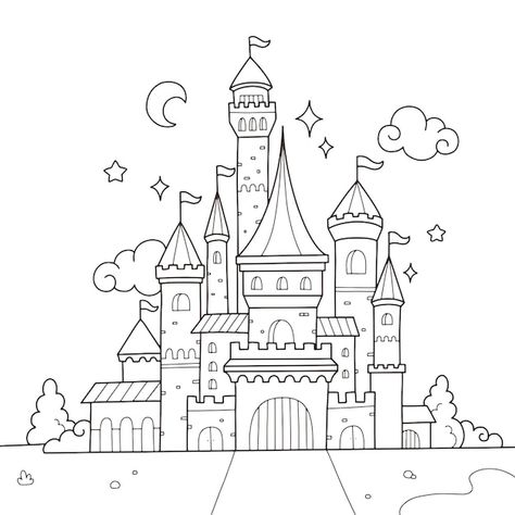 Castle Drawing Easy, Disney Castle Drawing, Castle Coloring Page, Castle Vector, Beginner Sketches, Castle Drawing, Castle Painting, Drawing Competition, Color Drawing Art