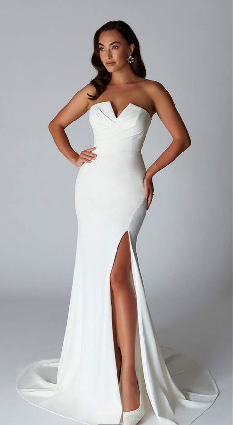 https://www.azazie.com/products/azazie-mari-diamond-white-mermaid-v-neck-stretch-crepe-sweep-train-wedding-dress/204440?subsite=bridal Clean Classic Wedding Dress, Plunge Neck Wedding Dress, Short Wedding Gowns, Glam Wedding Dress, Wedding Wishlist, Wife Aesthetic, Weddings Idea, Train Dress, 2025 Wedding