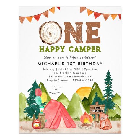 Cheap One Happy Camper Woodland Bear 1st Birthday Flyer - tap to personalize and get yours #Flyer #one #happy #camper, #budget #birthday One Happy Camper Birthday, Woodland 1st Birthday, Budget Birthday, One Happy Camper, Rustic Birthday, Watercolor Woodland, Woodland Bear, Birthday Postcards, 1st Birthday Invitation