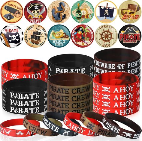 Capoda 60 Pcs Pirate Party Decorations Include 30 Pcs Pirate Rubber Bracelets and 30 Pcs Pirate Button Pins Badges for Kids Birthday Adventure Carnival Pirate Nautical Theme Party Favors Supplies Badges For Kids, Pirate Bracelet, Pirate Party Decorations, Pirate Party Favors, Pirate Accessories, Pirate Decor, Pinata Fillers, Nautical Themed Party, Pirate Theme Party