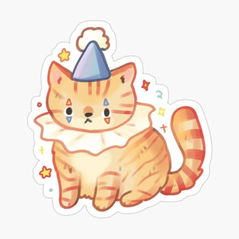 Get my art printed on awesome products. Support me at Redbubble #RBandME: https://www.redbubble.com/i/sticker/Orange-cat-clown-by-Mayarartsy/165692145.EJUG5?asc=u Printable Stickers Cute Kawaii, Orange Cat Art Illustration, Quirky Pose, Cat Clown, Orange Stickers, Mischievous Expression, Clown Sticker, Cute Orange Cat, Clown Hat