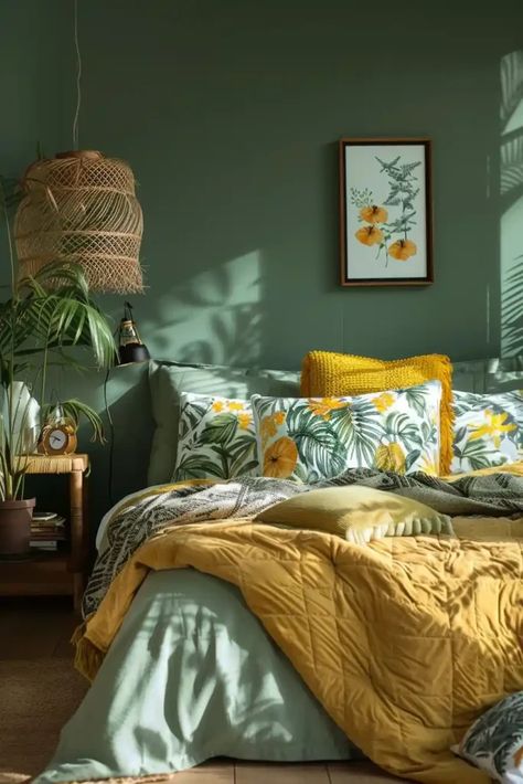 Sage And Yellow Bedroom, Sage Green And Gold Bedroom, Green Yellow Bedroom, Calming Bedding, Yellow And Green Bedroom, Green And Yellow Bedroom, Green And Orange Bedroom, Sage Green Bedroom Ideas, Sage Bedroom