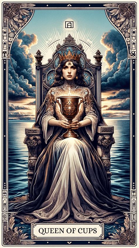 Discover the nurturing essence of the Queen of Cups Tarot card. Dive into emotional intelligence and intuition for relationships, health, and spiritual growthhttps://centerspirited.com/tarot/the-queen-of-cups-card-meaning/ Queen Tarot Cards, Queen Of Cups Art, Queen Of Cups Tattoo, Queen Of Cups Tarot Meaning, Tarot Queen Of Cups, The Queen Of Cups Tarot, Cups Tarot Cards, Queen Of Cups Tarot Card, Two Of Cups Tarot