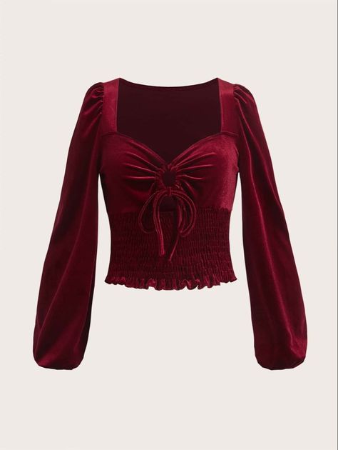 red top Cute Red Shirts, Red Velvet Clothes, Dark Red Top, Fuschia Top, Red Velvet Blouse, Red Velvet Top, Feminine Shirts, Velvet Top Long Sleeve, Surprise Dance