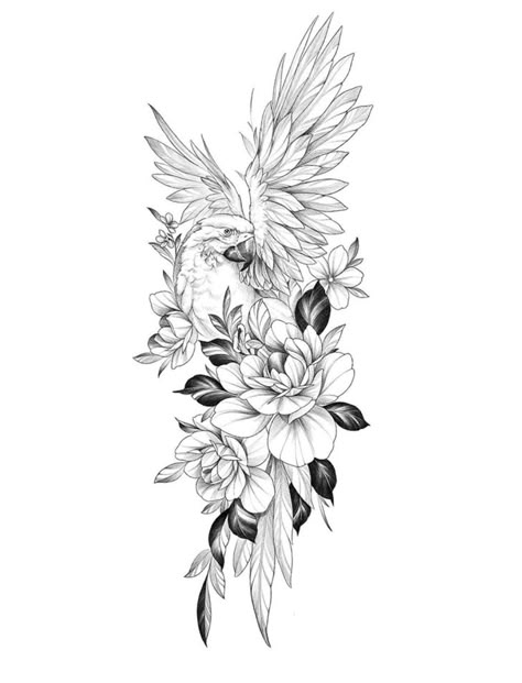 Animal Flower Tattoo Design, Floral Animal Tattoo Design, Eagle Flower Tattoo, Eagle And Flower Tattoo, Eagle With Flowers Tattoo, Hawk Flower Tattoo, Floral With Bird Tattoo, Floral Animal Tattoo, Bird With Roses Tattoo