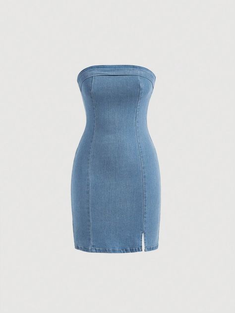 Light Wash Sexy Collar Sleeveless Denim Plain Bodycon Embellished Medium Stretch  Women Clothing Tube Dress Outfit, Denim Tube Dress, Women Denim Dresses, Denim Bodycon Dress, Summer Bodycon Dress, Womens Denim Dress, Denim Dresses, Fashion Vocabulary, Shein Outfits