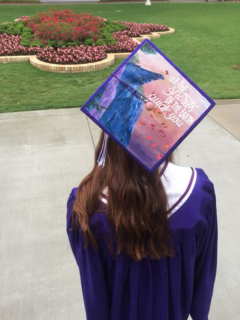 TCU Graduation cap decoration.  "Let the spirits of the earth guide you." - Grandmother Willow  Pocahontas mural and quote hand painted by my incredibly and amazingly talented sister. (AKA: The best graduation present I could have possibly received.) Mary Poppins Graduation Cap, Hunger Games Grad Cap, Pocahontas Graduation Cap, Brave Graduation Cap, Psychology Graduation Cap, Disney Grad Caps, Graduation Cap Decoration Nursing, Disney College Program Graduation Cap, Disney Graduation Cap