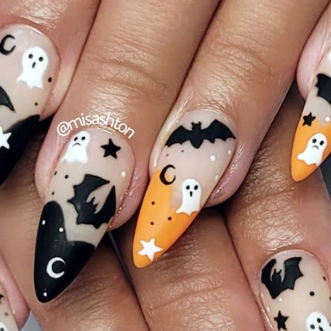 Ashton Harlan on Instagram: "👻🦇 . #halloweennails2021 #blackandorangenails #batnails #ghostnails #handpaintednails #cartoonnails #halloweennailart #nailsmagazine #nailpro #apresgelx #702nails #lasvegasnailtech #lvnails #nailartists" Nail Designs Ghost, Bat Nails Art, Ghost Mushroom, Bat Nails, October 5, Halloween Nail Art, Nail Pro, Nails Magazine, Nails Ideas