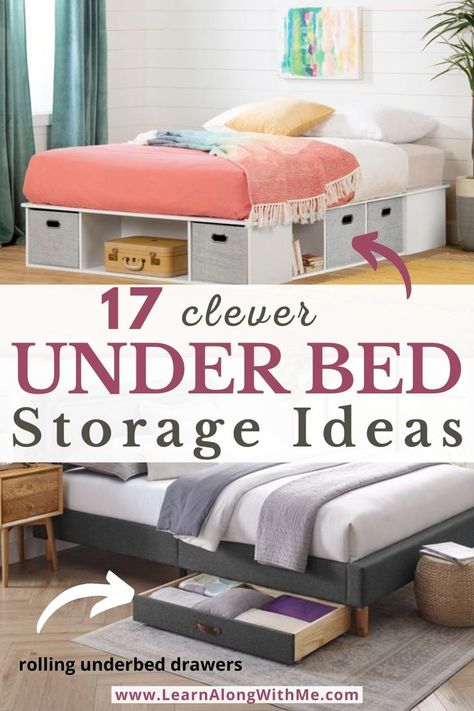 Organize your bedroom with one of these underbed storage ideas. All that space under your bed is wasted space: this is especially true if you have a small bedroom.  Using your underbed space for storage can help reduce visible clutter in your bedroom.  
You can store off-season clothes, extra bedding, books, toys, and more under your bed.  And what's great is that with one of these underbed storage ideas, your stuff is still easy to reach and get at. It isn't tucked away in a storage locker. Visible Storage Ideas, Basket Storage Under Bed, Under Storage Bed Frame, Best Underbed Storage, Underbed Clothing Storage, Storage Ideas For Under The Bed, Underneath Bed Storage Ideas, Under Bed Clothes Storage Ideas, Cube Storage Under Bed