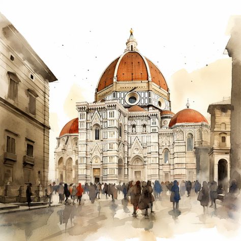 The Duomo Florence, Italy City Drawing, Florence Italy Tattoo Ideas, Florence Drawing, Florence Watercolor, Watercolor Croquis, Florence Duomo, Duomo Florence, Italy Architecture