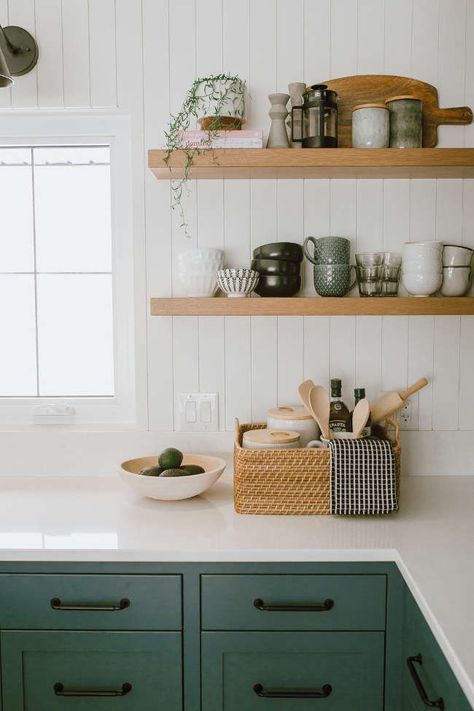 lovely farmhouse kitchen by Jaclyn Peters Design. The unusual grey green cabinets, vertical shiplap walls, the warm wood accents especially at the end of the island, the wide white oak floorboards and black accents. Christian Instagram, Tuscan Kitchen Design, Shelves Furniture, Shiplap Kitchen, Green Kitchen Cabinets, Farmhouse Kitchen Island, Tuscan Kitchen, Young House Love, Shelf Furniture