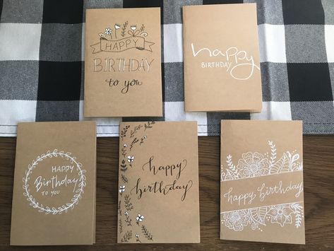 Vintage Bday Cards, Birthday Card Brown Paper, Hand Lettering Envelopes, Paper Birthday Cards, Happy Birthday Cards Diy, Calligraphy Cards, Flower Birthday Cards, Birthday Card Drawing, Hand Drawn Cards