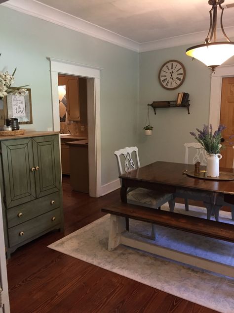 This color! Brook Green Behr Brooke Green Behr Paint, Brook Green Behr, Brook Green Behr Paint, Behr Brook Green Paint, Behr Brook Green, Farmhouse Green Paint Colors Behr, Bitter Sage Behr Paint Kitchen, Green Dining Room Paint, Behr Village Green Bedroom