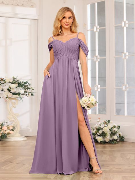 Lavetir sells a large selection of 2024 new bridesmaid dresses and wedding party dresses online. Here is the dress detail: Fabric: Chiffon; Silhouette: A-Line/Princess; Neckline: Spaghetti Straps; Off-the-Shoulder; Hemline/Train: Floor-Length; Embellishment: Split Side; Lace; Pockets; Sleeve: Short Sleeves; Waist: Empire; Back Style: Zipper; Built-In Bra: Yes; Season: Spring; Summer; Fall; Winter; Shown in Dusty Purple color. Light Purple Bridesmaid Dresses, Orchid Bridesmaid Dresses, Mulberry Bridesmaid Dresses, Grape Bridesmaid Dresses, Wisteria Bridesmaid Dresses, Dresses With Split, Lilac Bridesmaid, Plum Bridesmaid Dresses, Purple Bridesmaid Dress