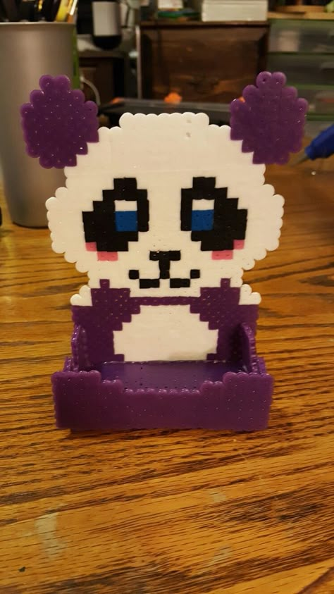 Perler Bead panda phone stand. God bless! Perler Bead Phone Stand, Perler Creations, Easy Perler Beads Ideas, Fuse Bead Patterns, Perler Crafts, Hama Beads Patterns, Beaded Jewlery, Melting Beads, Iron Beads