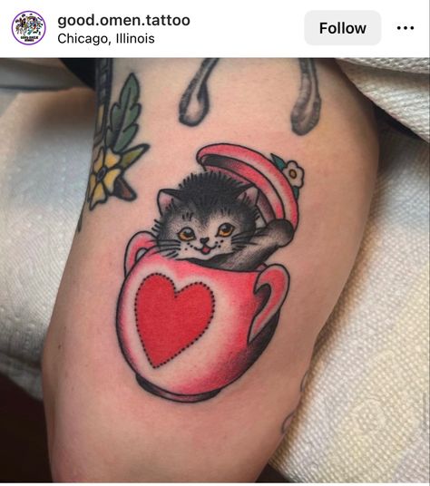 Romantic Traditional Tattoo, Tuxedo Tattoo, Vintage Cat Tattoo, Traditional Heart Tattoo, Traditional Cat Tattoo, Valentines Flash, Kitchen Mural, Traditional Heart Tattoos, Teacup Tattoo