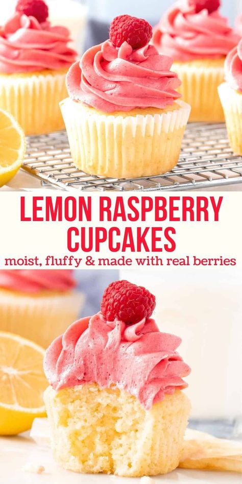 These lemon raspberry cupcakes are fluffy, moist, and bursting with fresh flavors. They start with lemon cupcakes that have a soft crumb and a bright lemon flavor. Then they're topped with creamy raspberry frosting that's made with real berries. The flavor combination makes these a showstopper! #lemon #cupcakes #raspberry #raspberryfrosting #cake #spring #easter #recipe from Just So Tasty Easter Lemon Cupcakes, Raspberry Lemon Cupcakes Easy, Lemon Cupcakes With Raspberry Buttercream, Rasberry Lemonade Cupcake, Easter Cupcake Flavor Ideas, Best Cupcake Flavor Combinations, Easter Cupcakes Flavors, Lemon Cupcakes With Raspberry Frosting, Gluten Free Lemon Raspberry Cupcakes