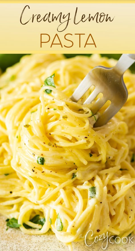 creamy lemon pasta with a fork twisting it Pasta Recipes With Lemon, Pasta For Fish, Easy Lemon Sauce For Pasta, Lemon Tomato Pasta, Yellow Pasta Sauce, Lemon Scampi Pasta, Elbow Pasta Side Dishes Easy, Lemon Noodle Pasta, Shrimp And Lemon Pasta