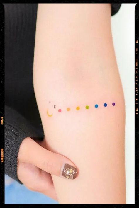 Moon and stars rainbow dot tattoo Pride Line Tattoo, Low Key Tattoos, Rainbow Bracelet Tattoo, Rainbow Dot Tattoo, Pride Ally Tattoo, Color Test Tattoo Ideas, Double Rainbow Tattoo, Color Test Tattoo, Dot Tattoos For Women