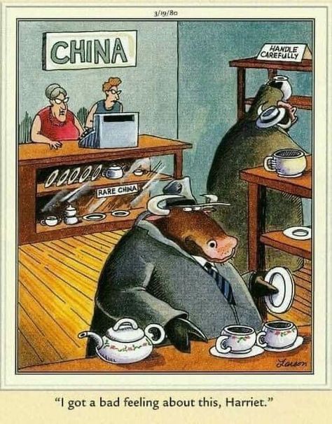 Bull In A China Shop, Gary Larson Far Side, Gary Larson Cartoons, Far Side Cartoons, Far Side Comics, Gary Larson, Far Side, China Shop, The Far Side