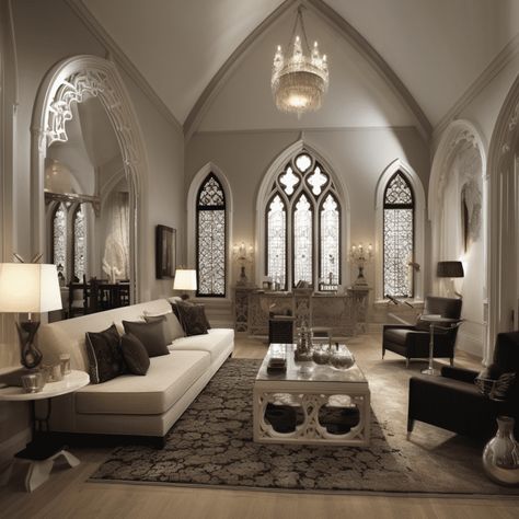 Gothic Modern Interior Design, Victorian Style House Interior Modern, Modern Gothic Style Home Interior Design, Castle Homes Interior, Modern Victorian Style Interior, Modern Castle Interior Design, Modern Gothic Victorian House Interior, Gothic Chic Interior Design, White Gothic House Exterior