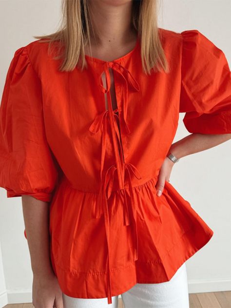 Women's striped lace-up shirt, Orange / M Peplum Tops, Laced Up Shirt, Mini Robes, Casual Summer Tops, Streetwear Tops, Top Streetwear, Plaid Blouse, Weave Style, Basic Shirts