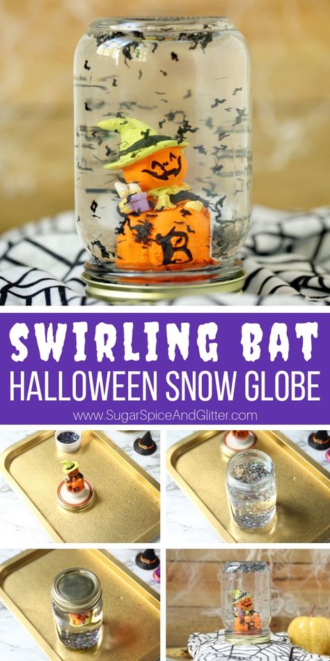 A fun Halloween Snow Globe, this mason jar snow globe is a super simple Halloween craft for kids that makes a great piece of homemade Halloween decor, too! Homemade Halloween Decor, Mason Jar Snow Globe, Snow Globe Crafts, Globe Crafts, Halloween Mason Jars, Halloween Decorations For Kids, Easy Diy Halloween Decorations, Hallowen Ideas, Homemade Halloween Decorations