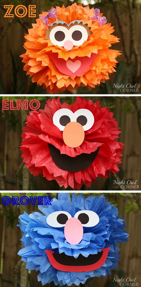 Sesame Street party: Sophie is 2! - Chickabug Furchester Hotel, Cookie Monster Birthday, Elmo Birthday Party, Sesame Street Birthday Party, Elmo Party, Sesame Street Party, Paper Pom Poms, Elmo Birthday, Sesame Street Birthday