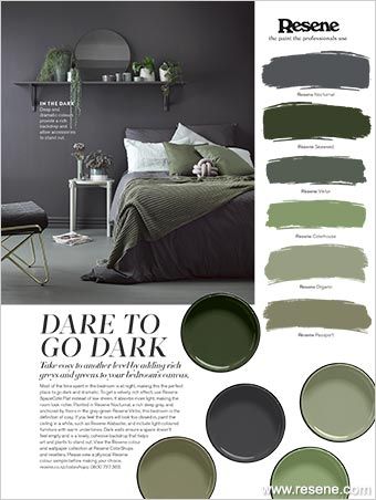 Dark Grey And Sage Bedroom, Green Bedroom Grey Furniture, Modern Bedroom Colour Schemes, Dark Grey And Sage Green Bedroom, Resene Colour Palette, Grey And Green Room Ideas, Charcoal Grey And Green, Green Grey Wall Color, Dark Colors Bedroom